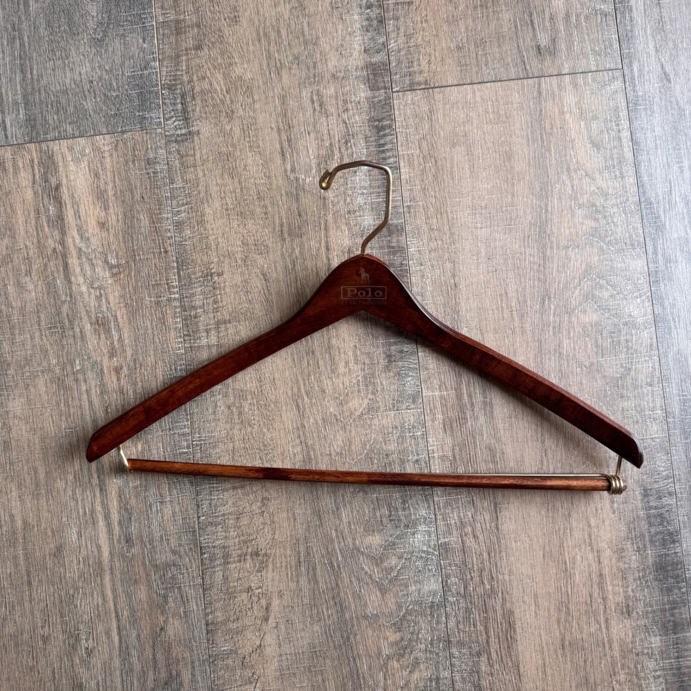 Polo Ralph Lauren Wooden Suit Hanger Dark Brown Gold Pony Logo‎ Brass Hook Bar